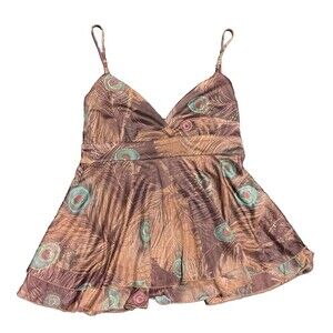 NWT Y2K Takara Peacock Babydoll Chiffon Tank Brown Gold Gypsy Top Small